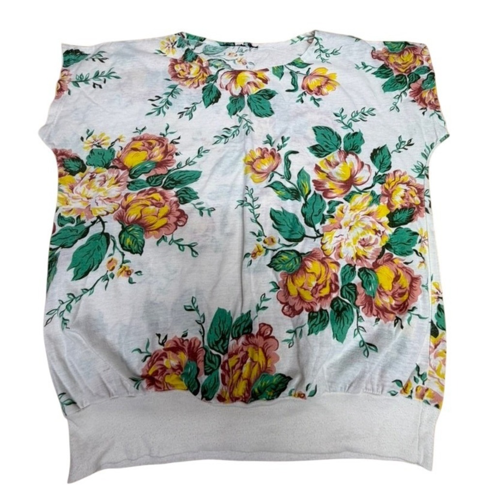 VTG Floral Crew Neck Short Sleeve Top Ribbed Hem White Pink Yellow Rose NO TAG